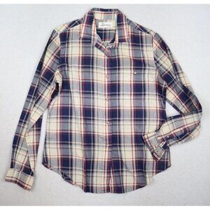 VINTAGE WOMEN'S BLUE & BEIGE PLAID LONG SLEEVE BUTTON-UP SHIRT - ESSENTIALS - 10